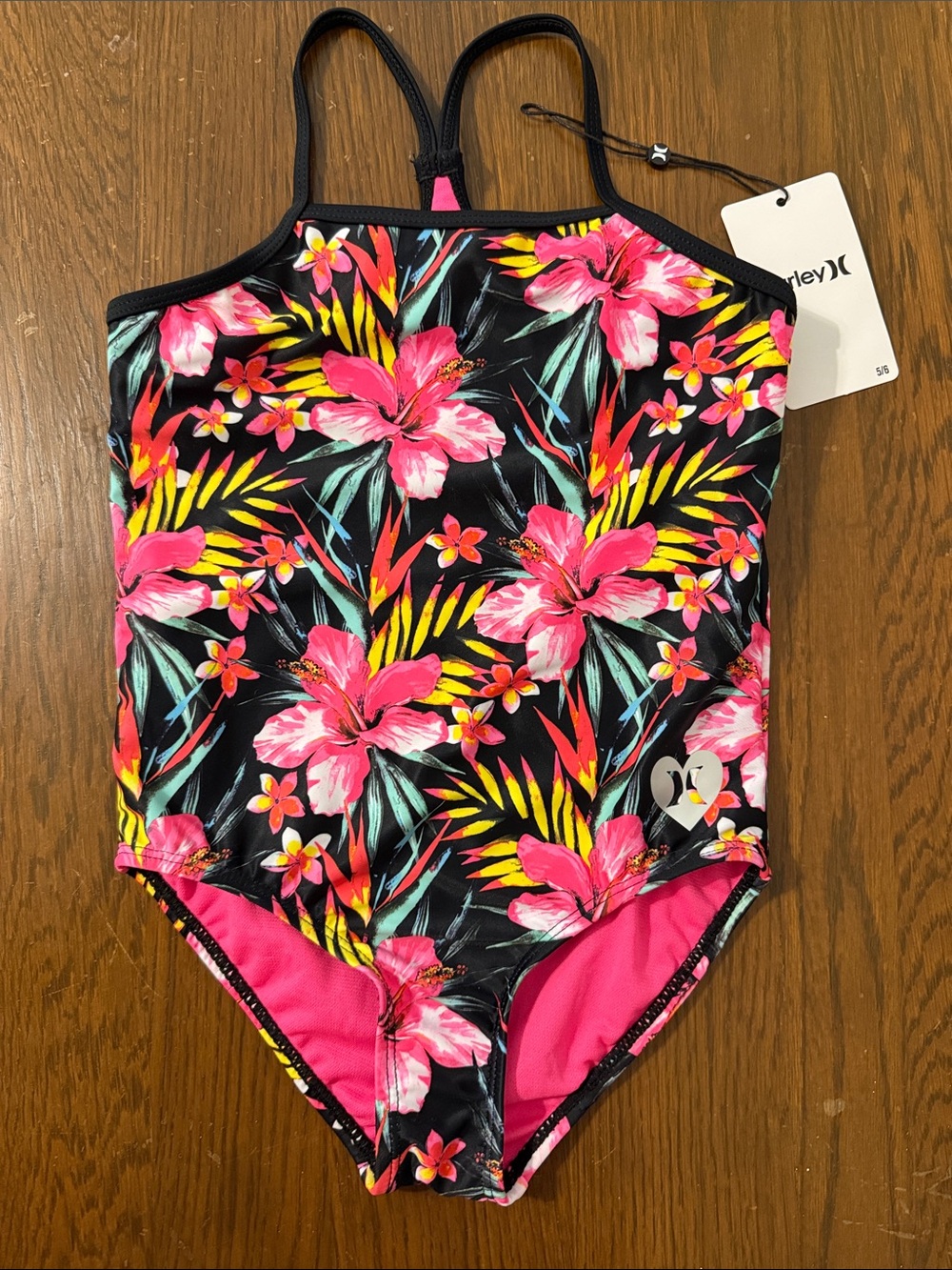 NWT Hurley Black One-Piece Swimsuit with Pink Tropical Floral Print Size 5/6